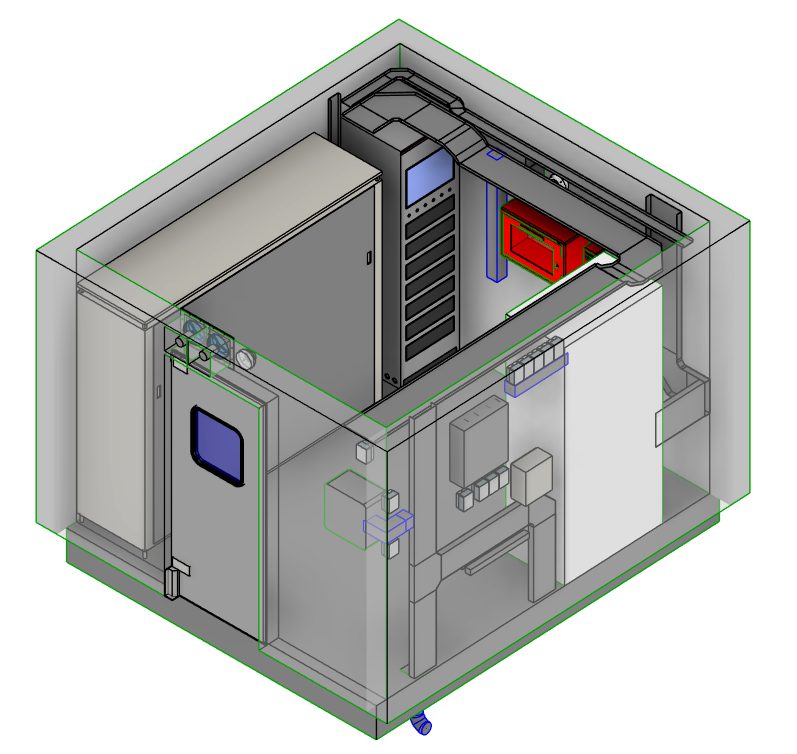 A 3D model of a hardened security kiosk — server rack, cabinets and access door coordinated inside the room