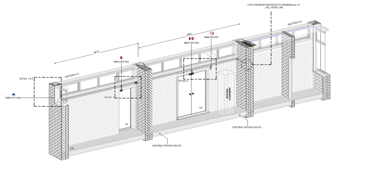 An isometric BIM drawing of a parametric hardened perimeter wall family